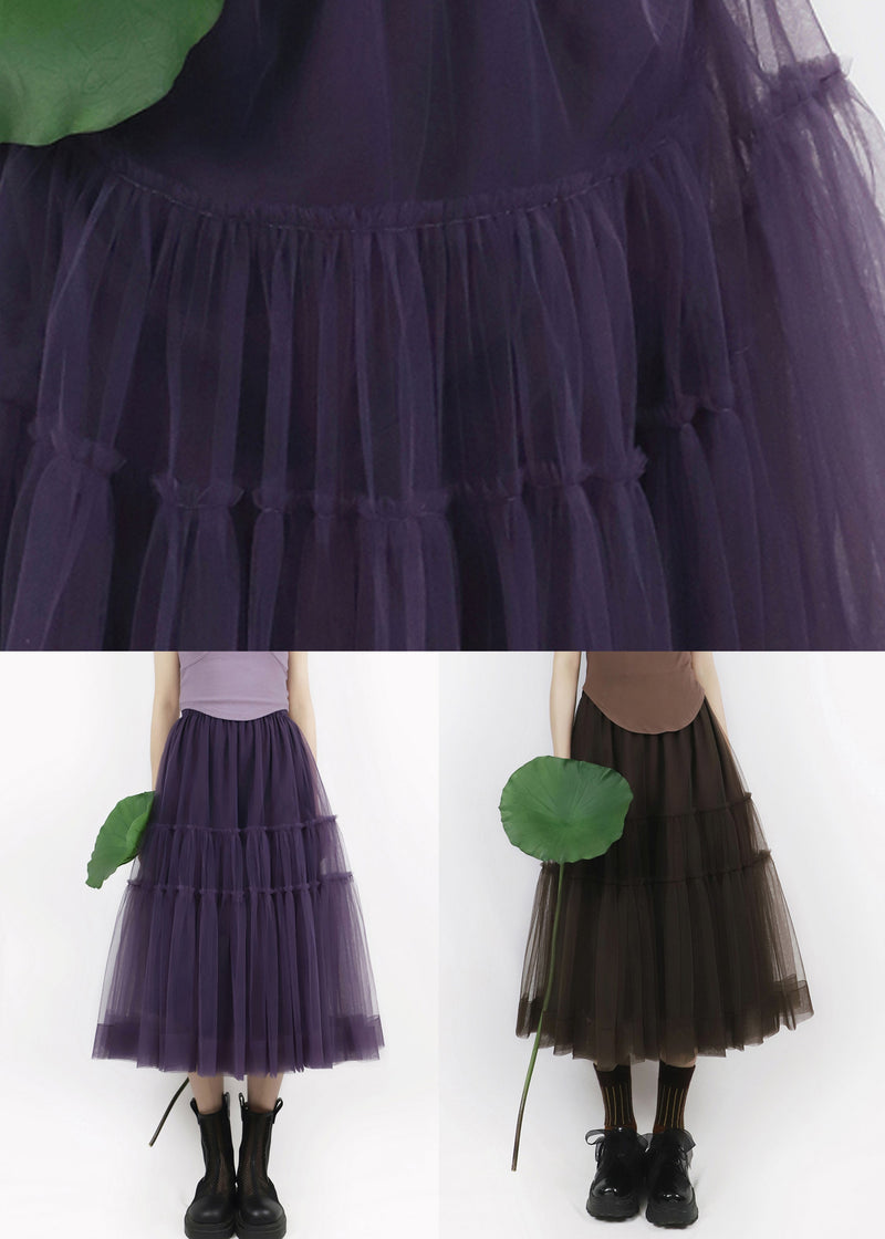 Chocolate Patchwork Tulle Pleated Skirt Elastic Waist