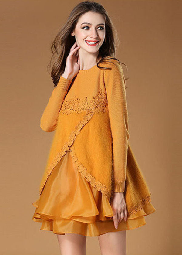 Yellow Side Open Organza Patchwork Fuzzy Fur Fluffy Mini Dresses Spring