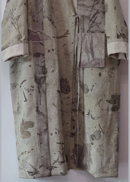 Dark Gray V Neck Lace Up Patchwork Cotton Long Trench Coats Fall