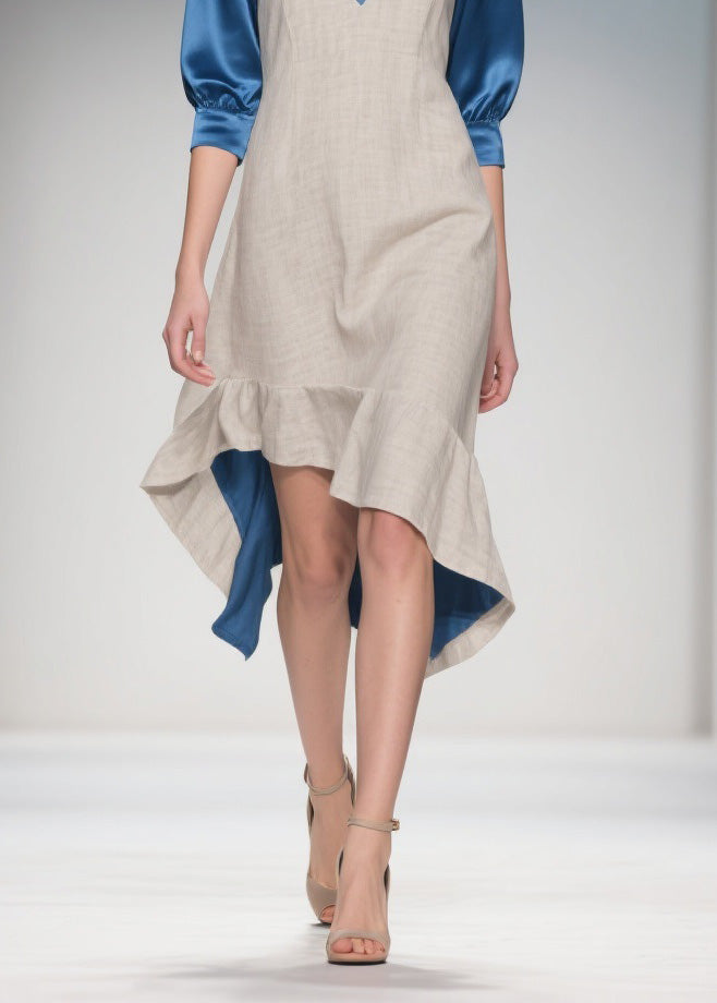 Colorblock Ruffled Patchwork Linen Silk Dress Summer