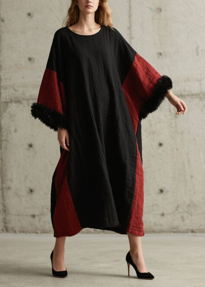 Organic Colorblock O Neck Patchwork Cotton Dress Fall
