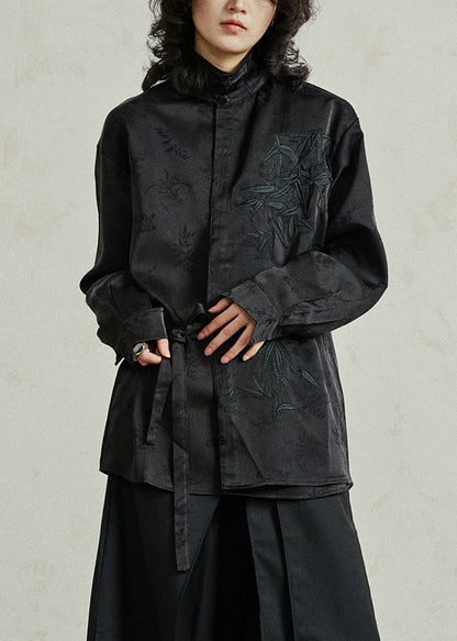 Black Shirt Embroidered Tie Waist Fall