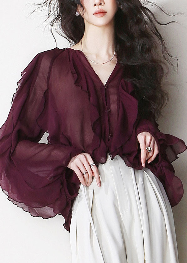 Mulberry V Neck Ruffled Patchwork Chiffon Blouses Summer