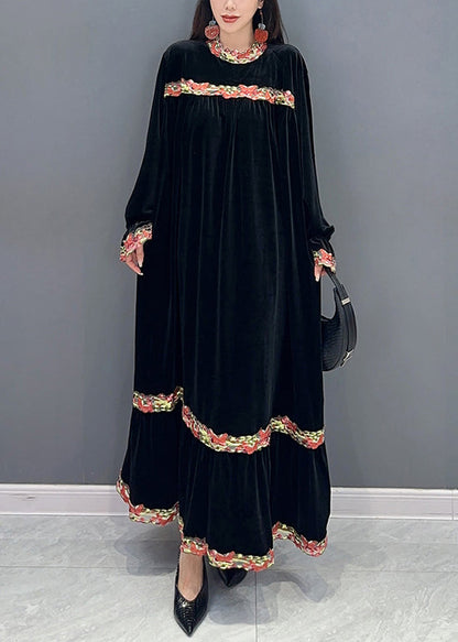 Black Patchwork Silk Velour Stand Collar Long Dress Spring
