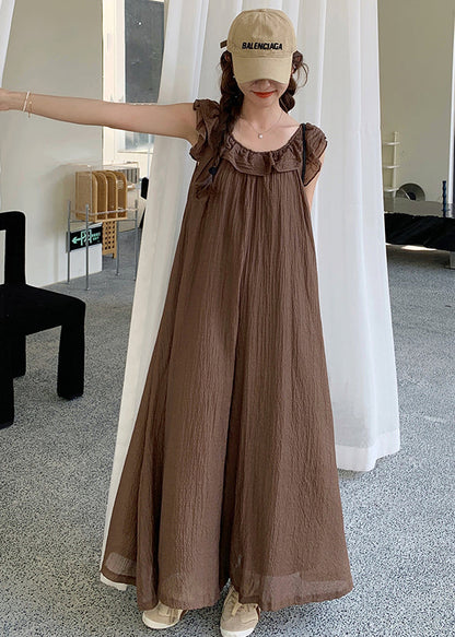 Coffee Ruffled High Waist Cotton Jumpsuit Sleeveless