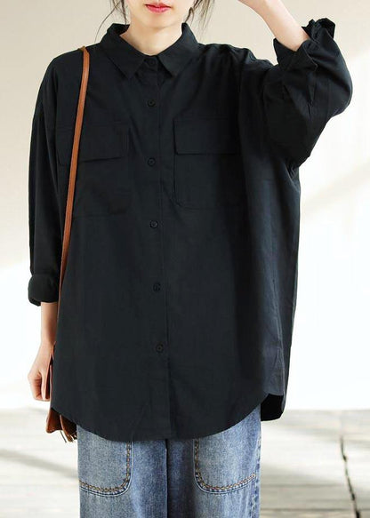 Italian Lapel Pockets Spring Tops Black Blouses