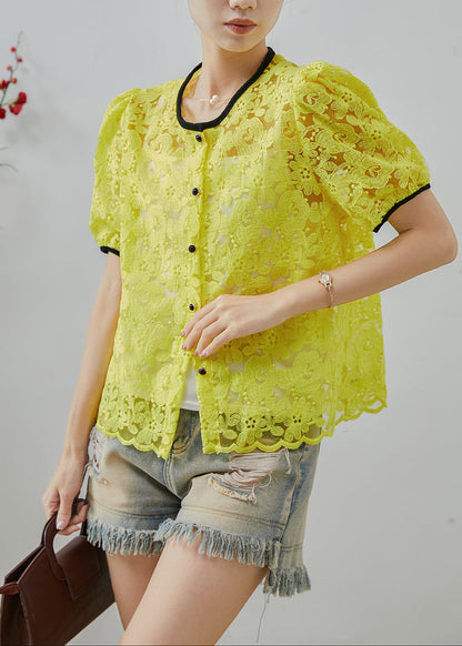 Fluorescent Yellow Embroidered Lace Blouse Top Summer