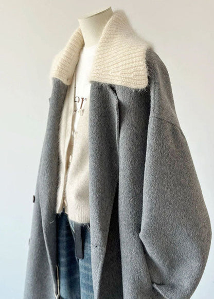 Grey Peter Pan Collar Pockets Knit Patchwork Woolen Long Coats Long Sleeve