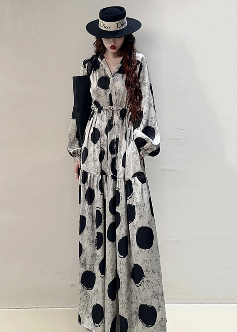 Loose Grey Print Lace Up Pockets Cotton Long Dresses Spring