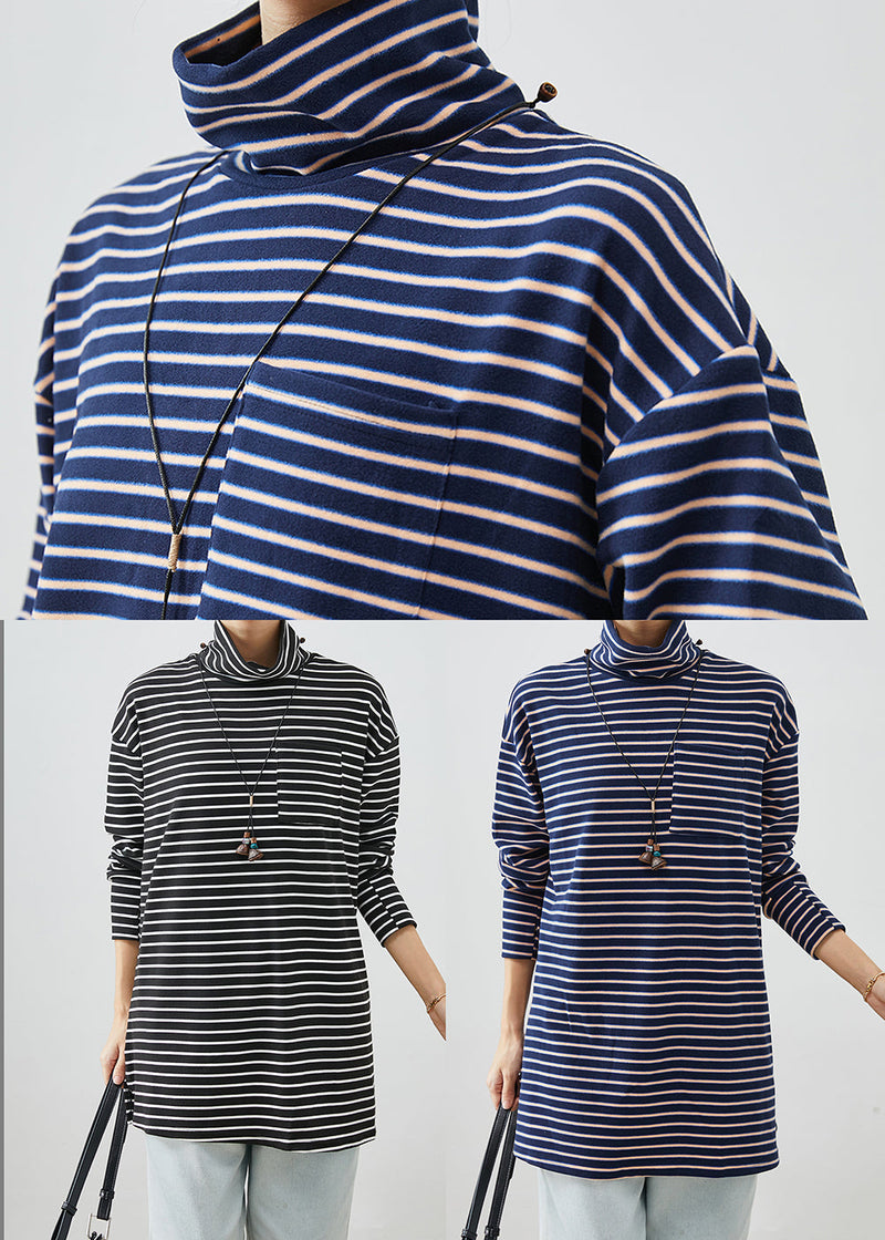 Blue Turtle Neck Striped Cotton Shirt Top Fall