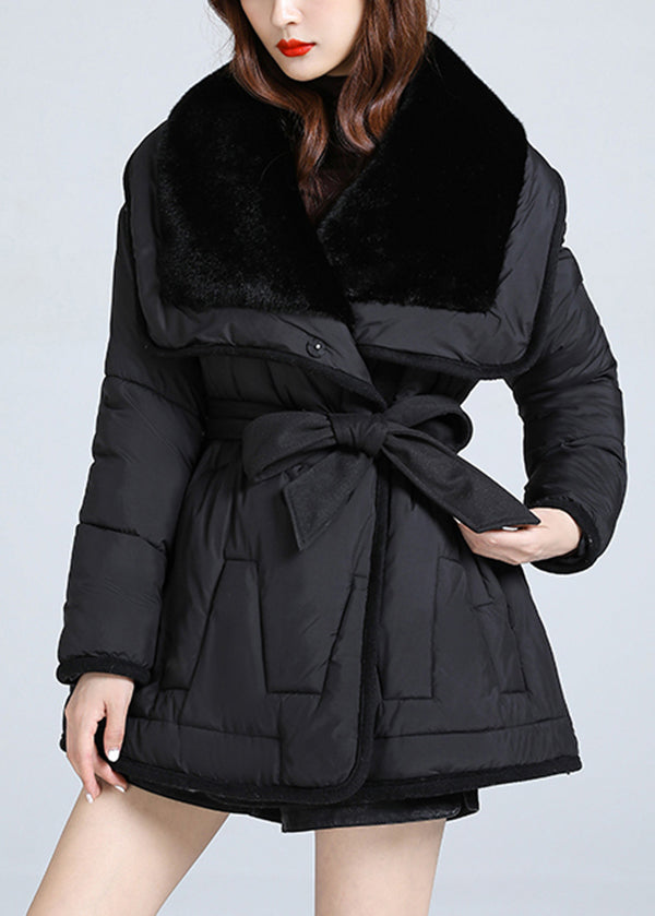 French Black Peter Pan Collar Tie Waist Duck Down Jacket in Winter