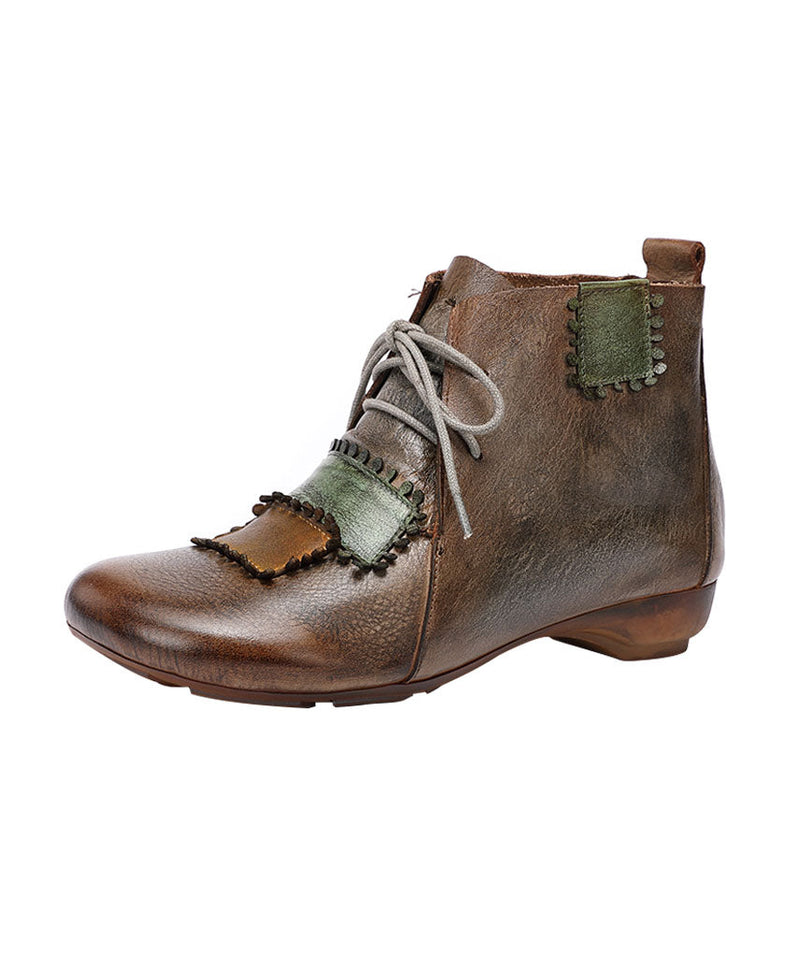 Lace Up Splicing Wedge Boots Camel Cowhide Leather