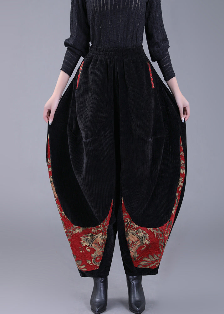 Black Pockets Embroideried Corduroy Lantern Pants Fall