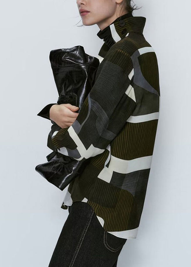 Dark Green Stand Collar Striped Patchwork Shirt Long Sleeve