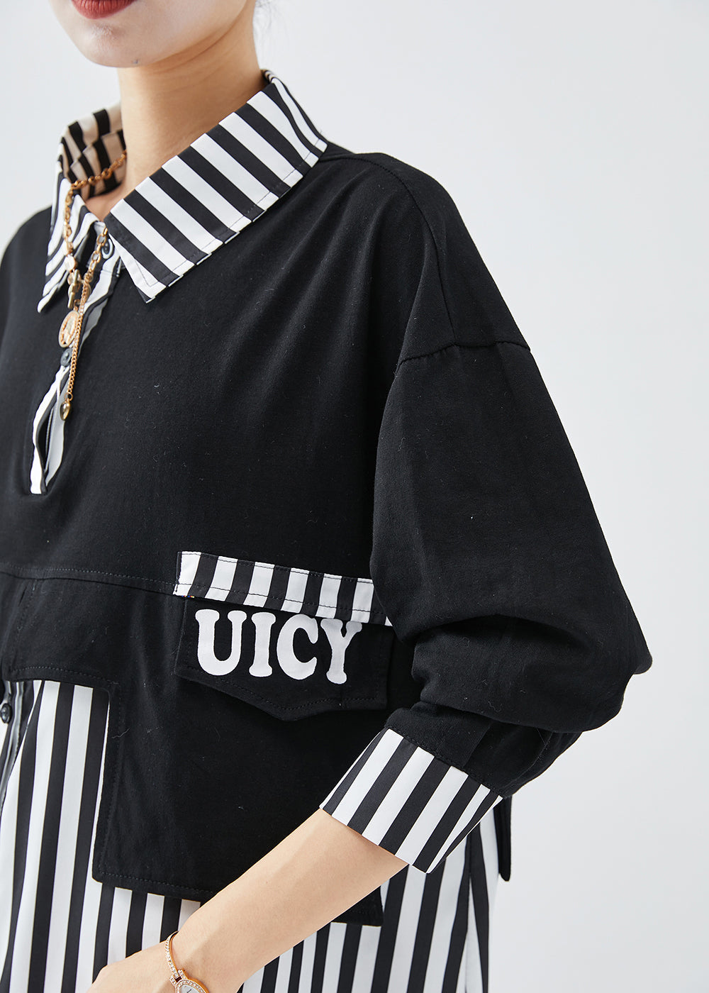Diy Black Striped Patchwork Cotton Sweatshirt Fall