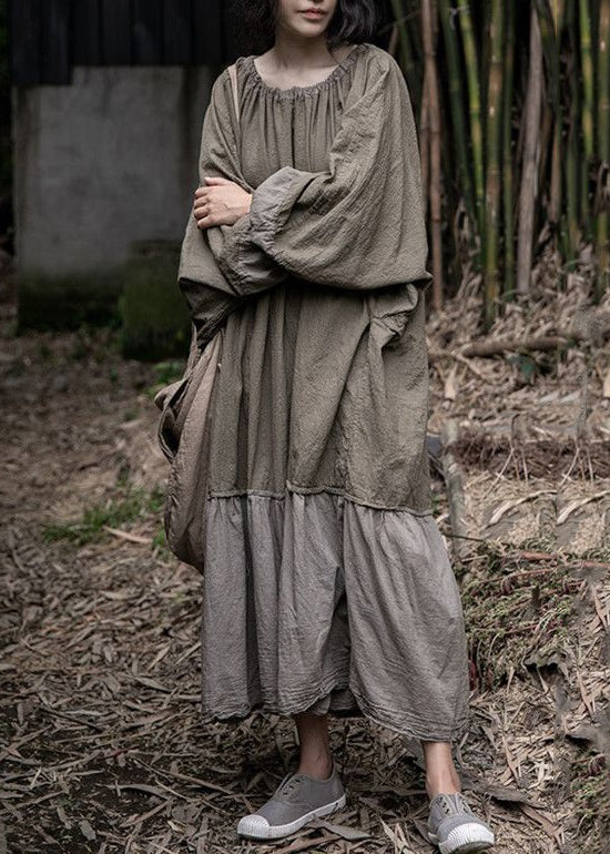 Grey Lace Up Wrinkled Patchwork Cotton Long Dresses Spring