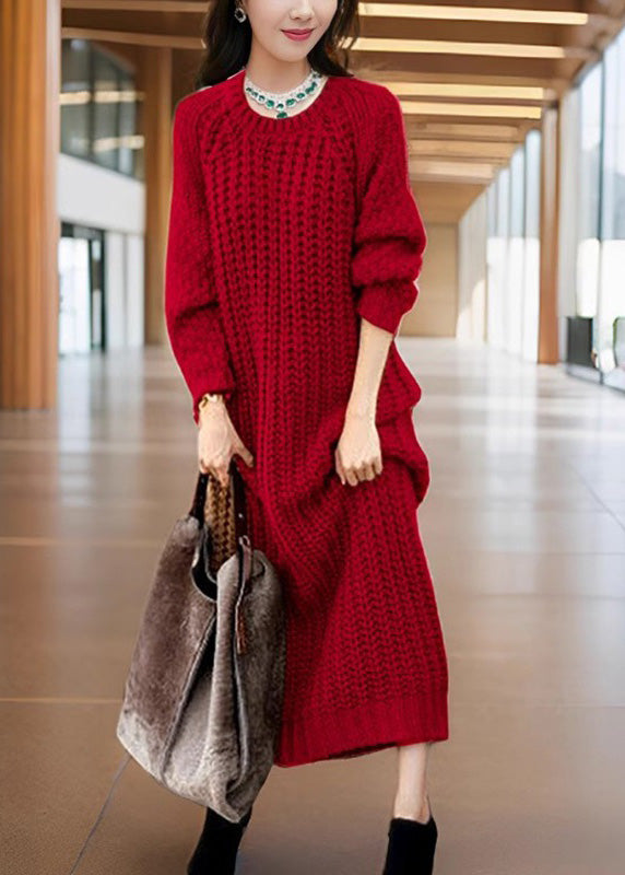 Natural Navy O-neck Patchwork Cozy Cotton Knit Long Dress Winter