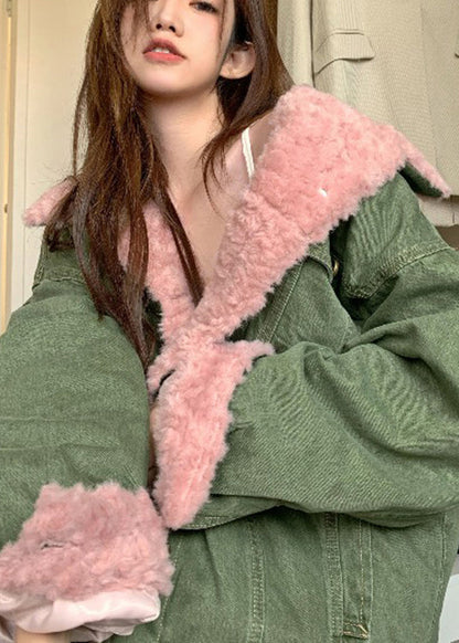 Art Green Oversized Pockets Fleece Wool Lined Jackets Winter