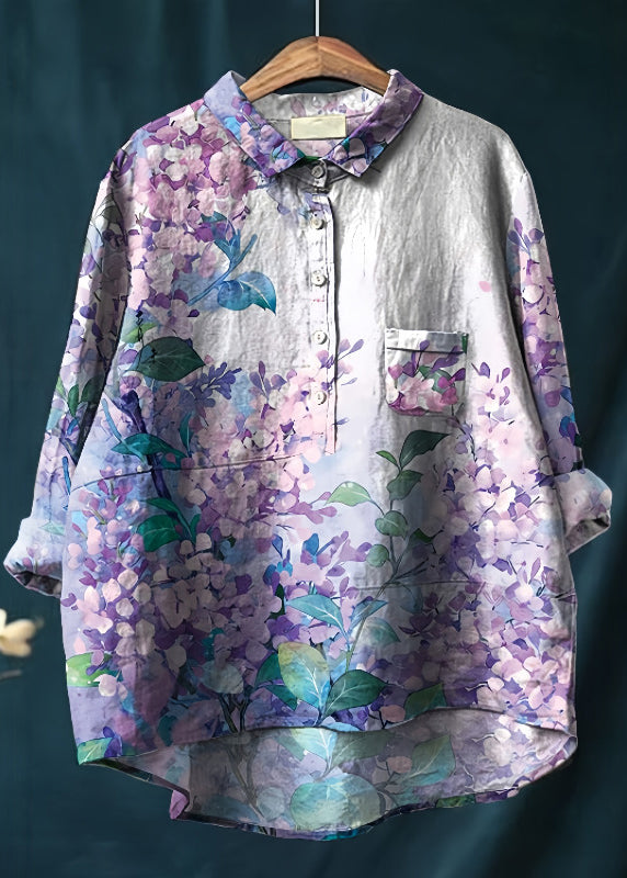 Purple Oversized Print Linen Shirt Top Spring