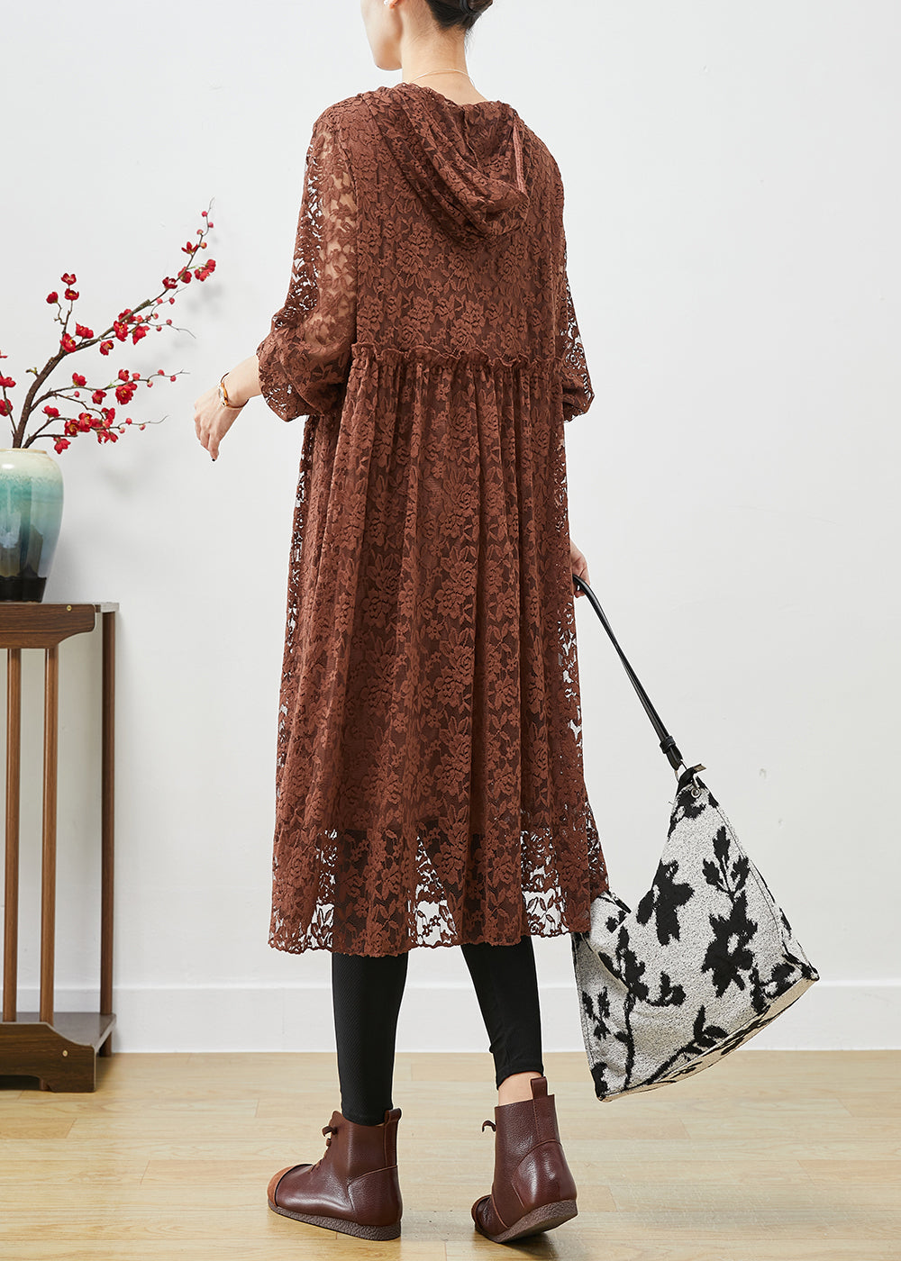 Coffee Hooded Ruffled Lace Dresses Fall