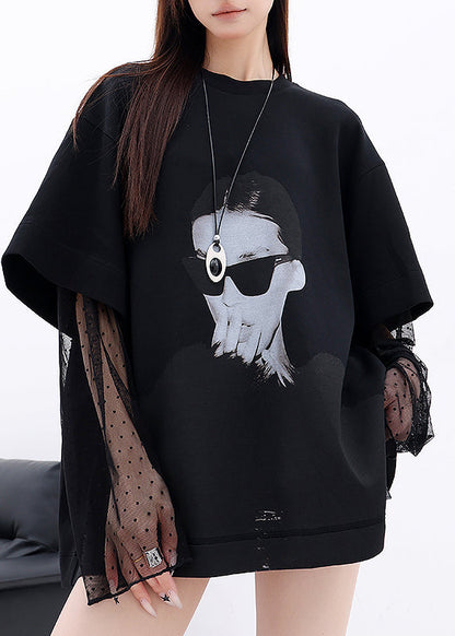 White O Neck Lace Patchwork Cotton T Shirts Fall