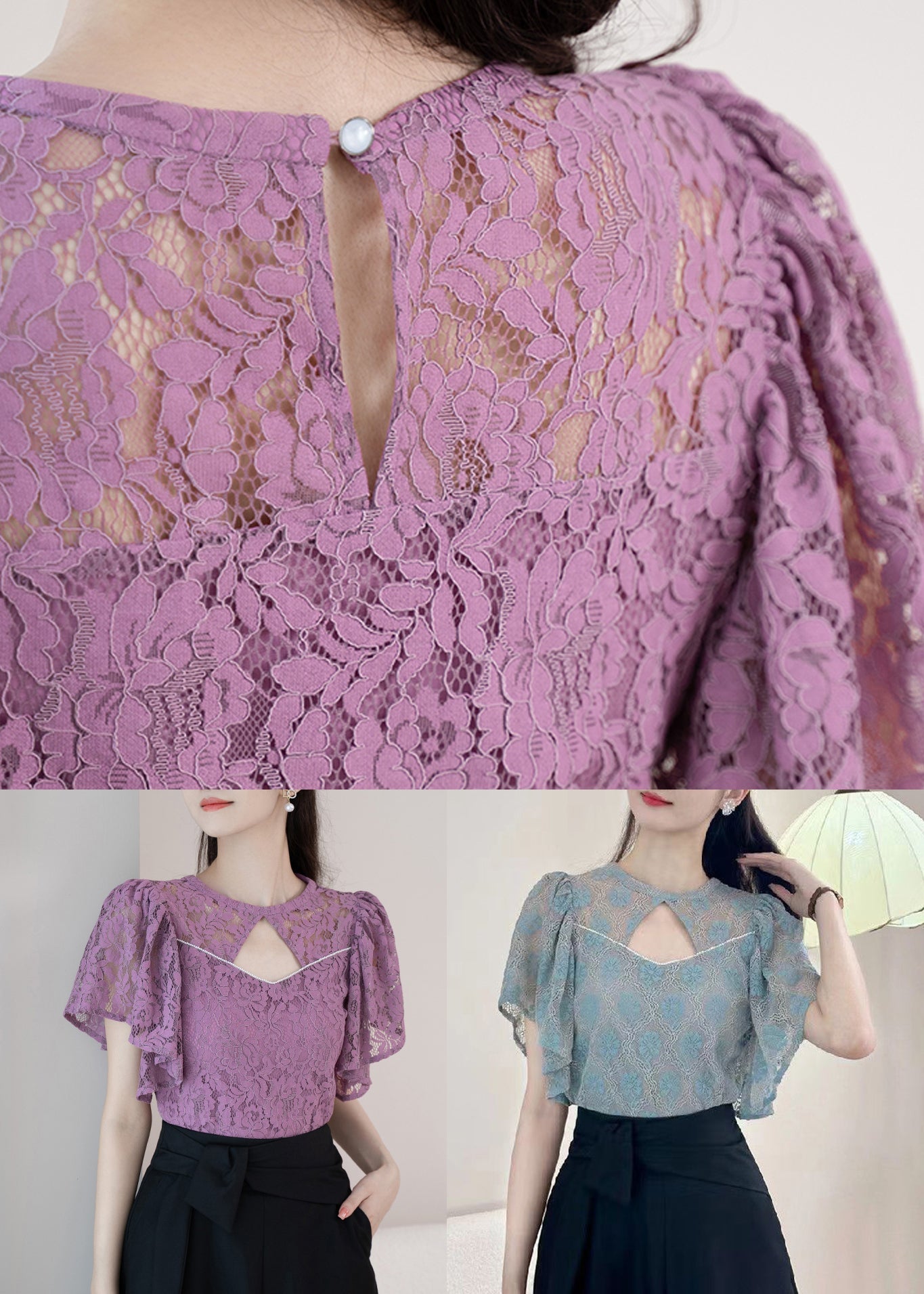 Blue Button Blouses O-neck Short Sleeve