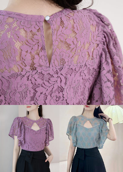 Blue Button Blouses O-neck Short Sleeve