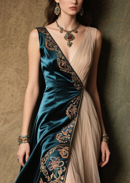 Peacock Blue Jacquard Tulle Patchwork Silk Dress Summer