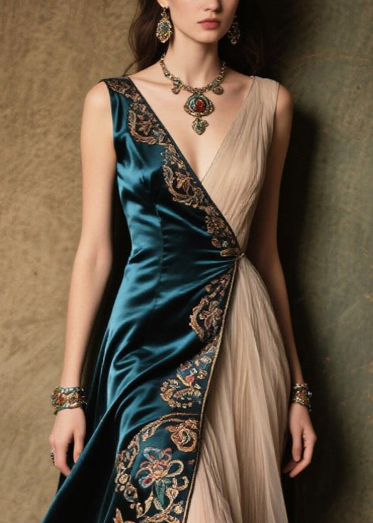 Peacock Blue Jacquard Tulle Patchwork Silk Dress Summer