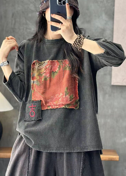 Red O Neck Applique Cotton T Shirt Tops Long Sleeve