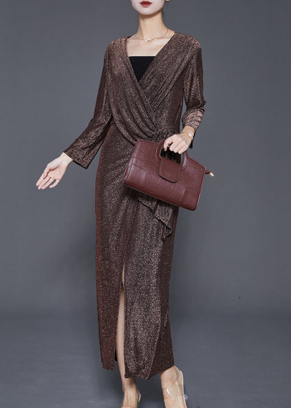 Brown Asymmetrical Side Open Silk Velour Dresses Fall