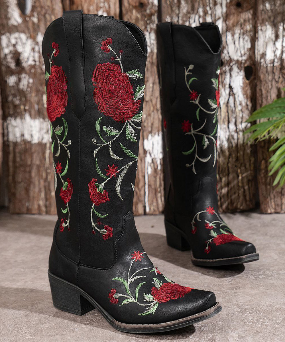 Wine Red Embossed Zippered Faux Leather Chunky Boots