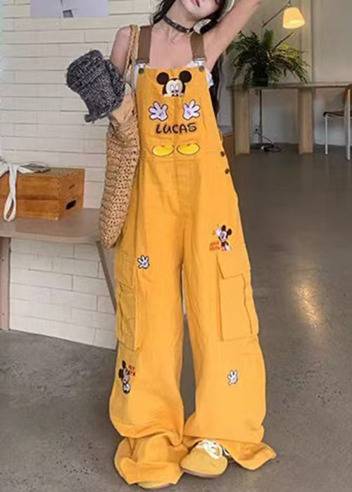 Yellow Embroidered Denim Overalls Jumpsuit Fall
