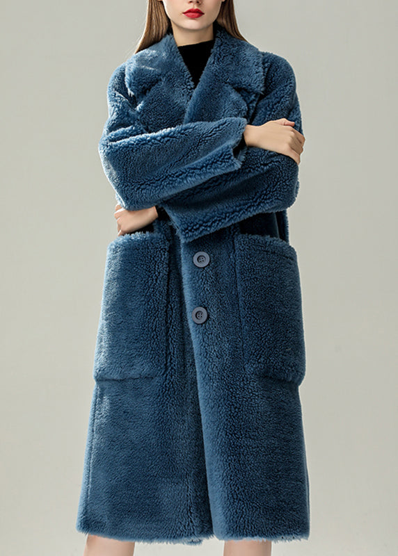 Blue Patchwork Button Faux Fur Maxi Coats Winter