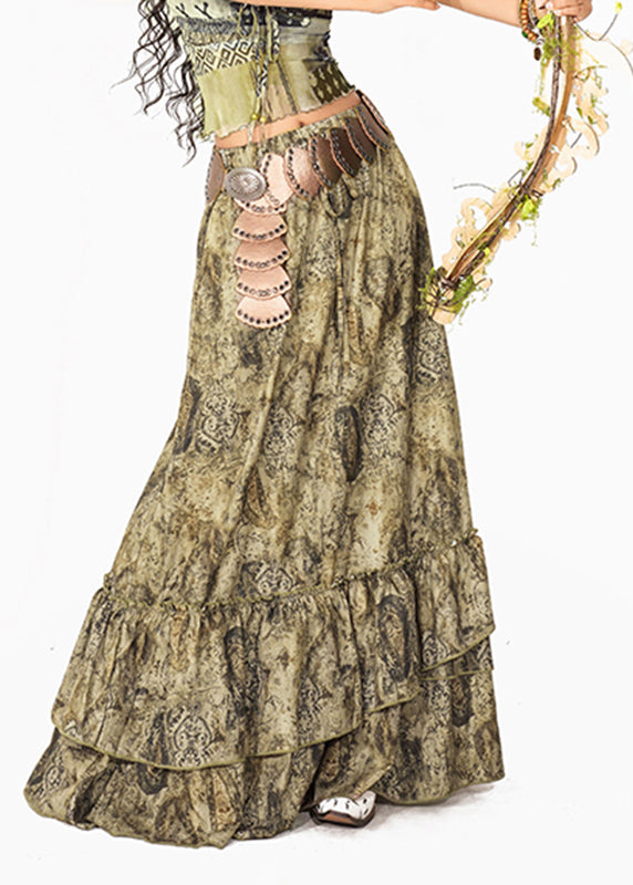 French Green Ruffled Patchwork a Line Skirts