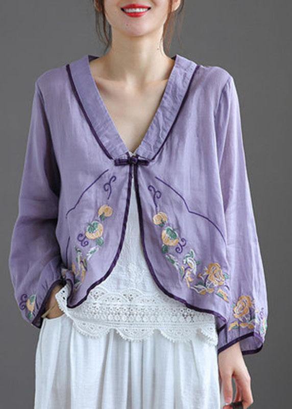 Green V Neck Embroideried Summer Ramie Cardigan Long Sleeve