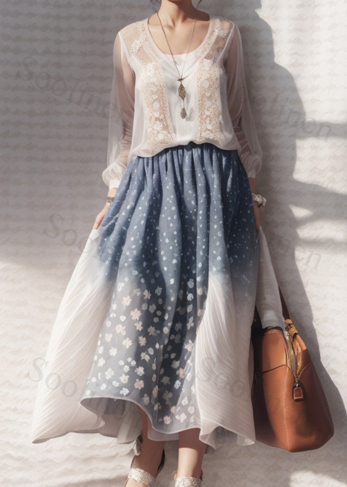 White Print Hollow Out Silk Robe Dresses Summer