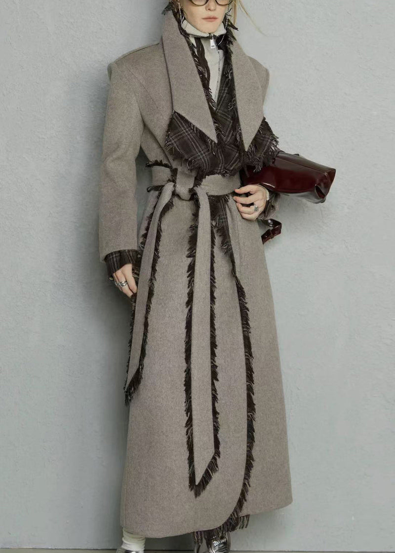 Light Camel Pockets Tie Waist Woolen Long Coats Peter Pan Collar