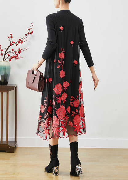 Red Silm Fit Knit Long Dress Embroideried Fall
