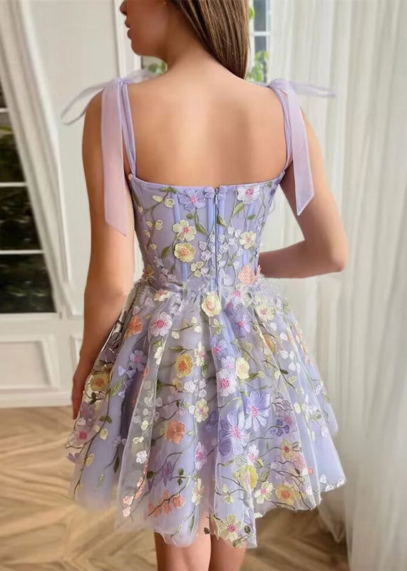 Novelty Purple Embroidered Zippered Tulle Spaghetti Strap Dress Sleeveless Summer