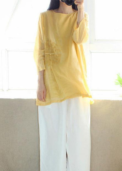 Organic Yellow Embroidery Tunic O Neck Sleeveless Art Shirts