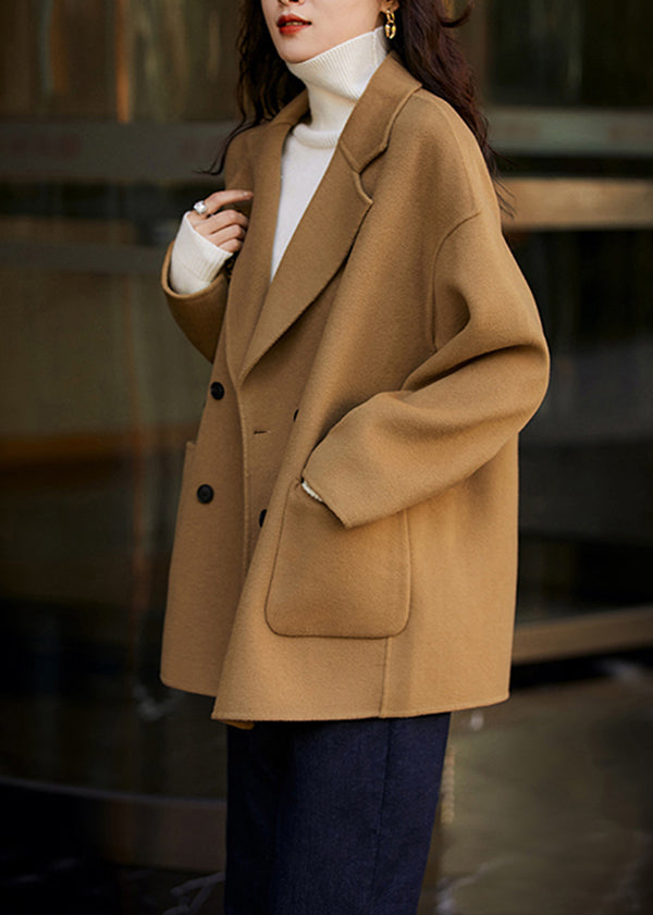 Camel Peter Pan Collar Pockets Patchwork Woolen Coats Fall