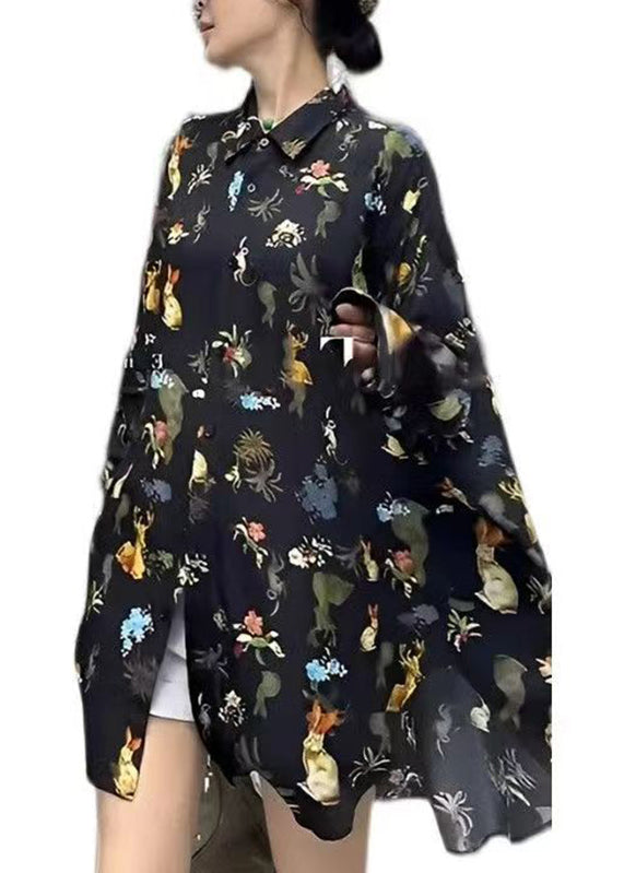 Black Peter Pan Collar Print Button Chiffon Shirt Long Sleeve