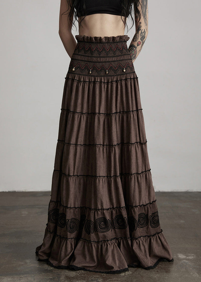 Brown Embroidered Tasseled Cotton Holiday Skirt Spring