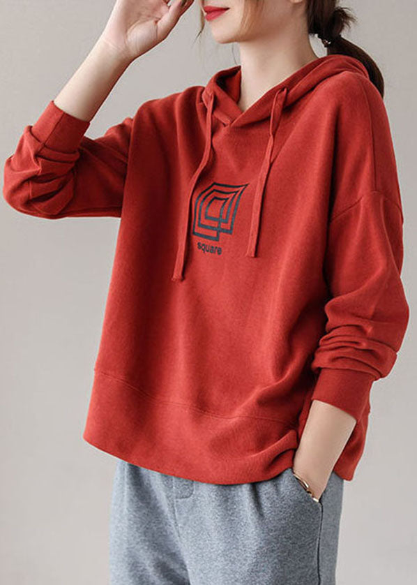 Brick Red Drawstring Hooded Print Cotton Sweatshirts Top Long Sleeve