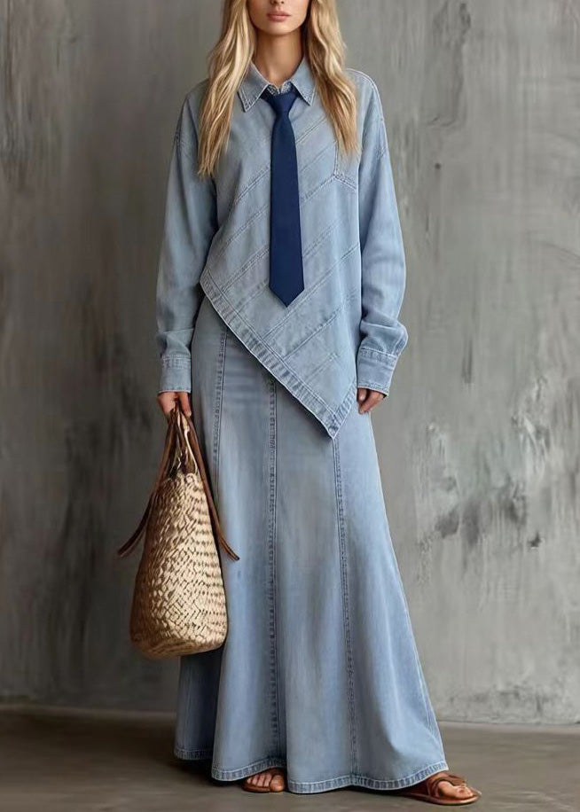 French Blue Asymmetrical Denim Two Piece Set Outfits Spring
