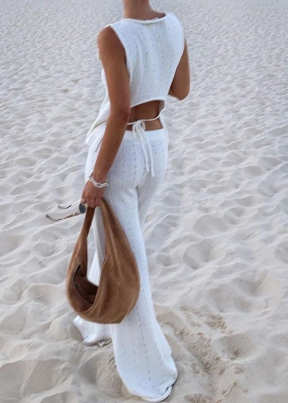 White Hollow Out Flatering Knit Vests and Straight Pants Two Piece Set Sleeveless