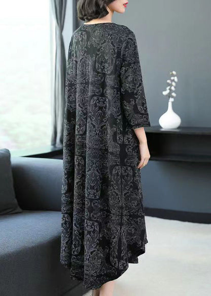 Loose Black O Neck Print Pockets Cotton Long Dresses Spring