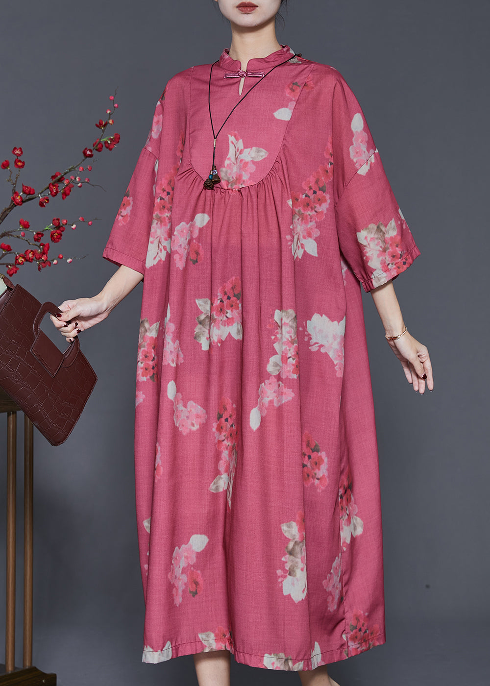 Red Print Chinese Button Cotton Dresses Spring