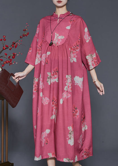 Red Print Chinese Button Cotton Dresses Spring
